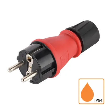 Produktbild von ORSEM Schuko Stecker 230V IP54 Robuster Schutzkontaktstecker aus Gummi & Kunststoff, Schwarz Rot, Perfekt für den Außenbereich, 3-Poliger Stromstecker