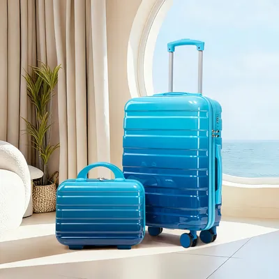 Produktbild von 14"/20" 2-teiliges PC-Spinner-Kofferset mit Zahlenschloss & 14" Kosmetiktasche (Blau)