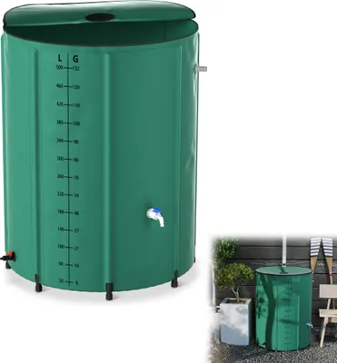 Produktbild von UISEBRT 500 Liter Faltbare Regentonne, Regenwassertonne, Regenwassertank, UV-stabil & witterungsbeständig, Mit Überlaufschutz & seitlicher Skala, Kompakt für Garten, Balkon, Camping, Grün