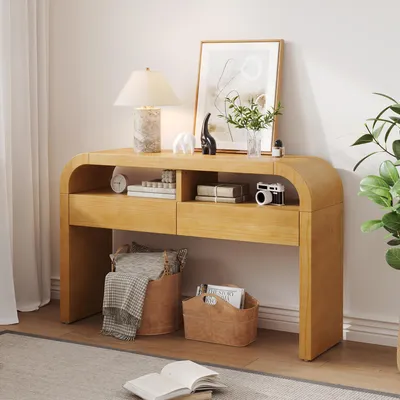 Produktbild von Merax Konsolentisch mit 2 Schubladen, Offenen Fächern, Flurtisch, Schmaler Eingangstisch Für Wohnzimmer, Flur, Couchtische, Sofatisch, Natur