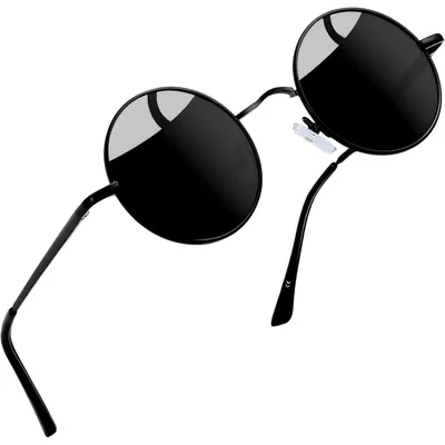 Zdjęcie produktu dla Okulary przeciwsłoneczne męskie i damskie, okrągłe, polaryzacyjne, w stylu vintage, z metalową oprawką, czarne, ochrona UV400