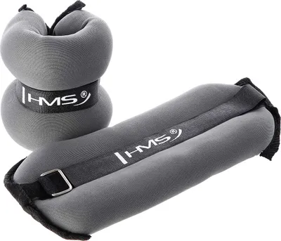 A pair of gray ankle weights with black straps and a logo.