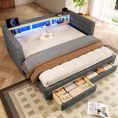 Immagine prodotto di Divano letto STILVORA 90×190 con illuminazione a LED e letto estraibile, divano letto con porte USB e Type-C, letto per ragazzi con cassetto e ripiano, senza materasso, grigio