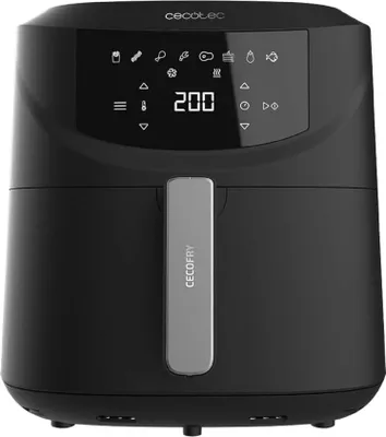 A black air fryer with a digital display and controls.