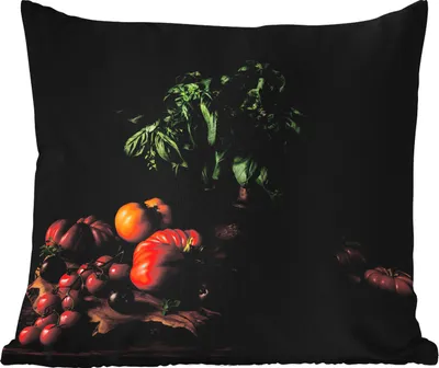 Produktbild von MuchoWow® Outdoor Kissen - Stilleben - Tomaten - Basilikum - Gemälde - Gemüse - Schwarz - 45x45 cm - Wetterfest - Lounge Kissen - Fotokissen - Dekoratives Kissen