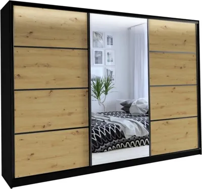 Obrázek produktu pro Šatní skříň HARAZIA 280 se zrcadlem, 4 šuplíky a 2 šatními tyčemi, černý mat/dub artisan
