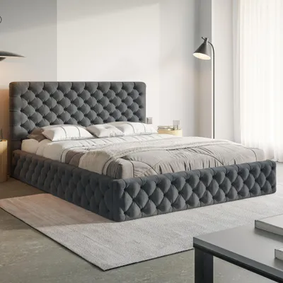 Produktbild von MOTIVENA Dalia Chesterfield Polsterbett 180x200 mit Bettkasten, Holz Lattenrost, Bett 180x200 Grau Samt (Jasmine 96)