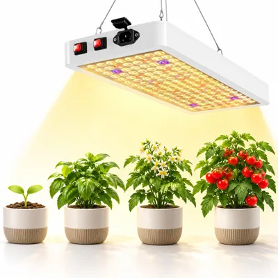 Imagen del producto de Lámpara LED de espectro completo para plantas, con doble chip de 100W, interruptores dobles para fase de crecimiento (VEG) y floración (Bloom), espectro completo, 288 LEDs, ideal para el crecimiento y la floración de plantas de interior, con sistema de suspensión por cuerda