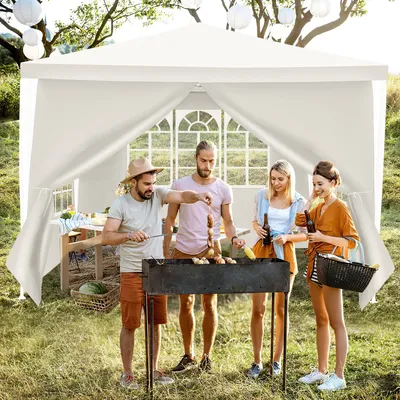 Image de Aopunly Pavillon de jardin 3x3m avec panneaux latéraux avec tube en fer tente portable étanche, blanc