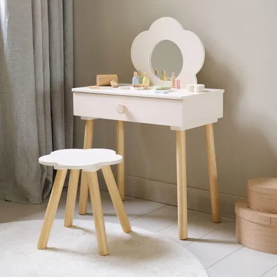 Produktbild von Petite Amélie Kinder Schminktisch aus Holz mit Spiegel und Stuhl Fleur - H79,5 cm - Off-White
