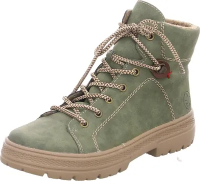 A single green boot with brown laces and sole is shown against a white background.