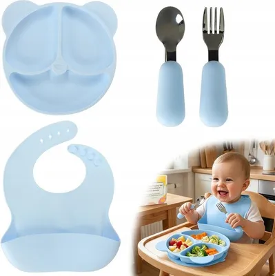 Image de Vaisselle silicone bébé Bleu flexible sécurisé réutilisable idée cadeau enfant parents