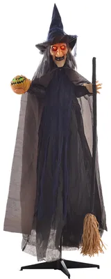 Imagen del producto de Decoración de Halloween: bruja con escoba, ojos que brillan, sonidos espeluznantes, brazos flexibles, 107x65x190 cm