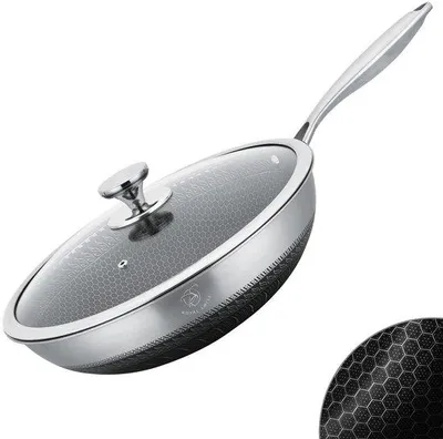 Immagine prodotto di Wok da 32 cm Acciaio inossidabile Triply Struttura a nido d'ape Coperchio in vetro per induzione Royal Swiss