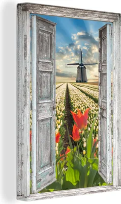 Produktbild von OneMillionCanvasses® - Leinwandbilder - 90x140 cm, Blumen - Mühle - Frühling - Ausblick, - Geöffnetes Fenster - Fensterblick Schlafzimmer Kunstdruck Wanddekoration - Foto auf Leinwand - Gemälde auf Holzrahmen  - Wandschmucke - Schlafzimmer