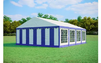 Obrázek produktu pro Párty stan 6x8 m PREMIUM – PVC 500 g/m² s protipožární úpravou, spodní rám + střešní výztuhy, až 96 osob - Modro-bílá