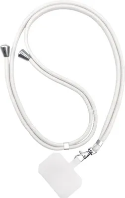 A white lanyard with silver attachments and a white phone holder.
