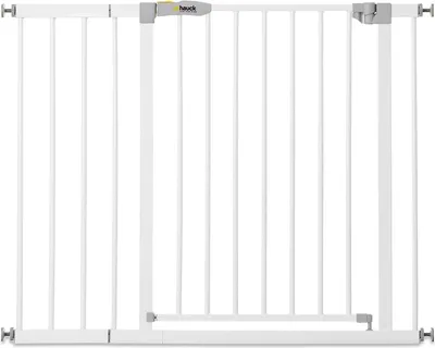 A white metal safety gate with a gray latch and a yellow logo.