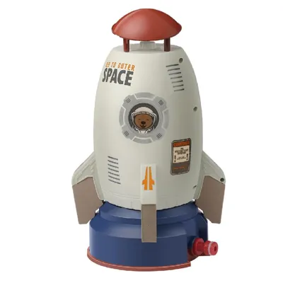 A toy rocket sprinkler for outdoor use.