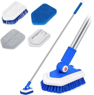 Immagine prodotto di Unyqoos® Detergente per bagni – spazzola multifunzione con testa girevole a 180° e bloccabile, manico telescopico da 80 a 119 cm e 3 accessori (spazzola, spugna abrasiva, panno in microfibra)