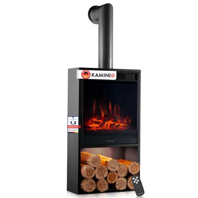 Produktbild von KAMINIO Elektrokamin HUGO mit Ofenrohr - Elektrischer Kaminofen mit Heizung, 3D-Flammeneffekt, LED-Ambientelicht, Holzfach, Fernbedienung - Schwarz, KI-generiertes Bild