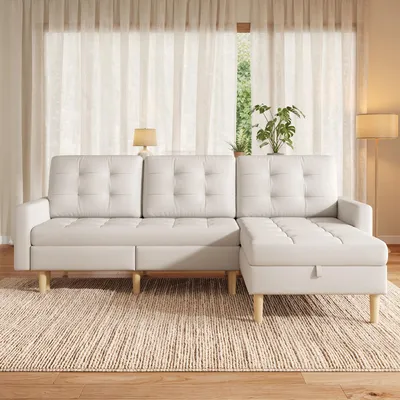 Produktbild von Ecksofa 212x130x86, Stauraum, wechselbare Chaiselongue, 3-Sitzer, für kleine Wohnungen (Beige)