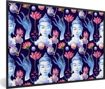Produktbild von MuchoWow® MuchoWow® Gerahmtes Poster Buddha - Kopf - Blau 90x60 cm - Poster mit zchwarzem Bilderrahmen - Fotorahmen - Foto-Plakat