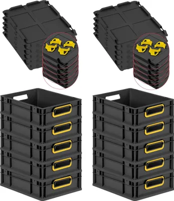 Produktbild von SparSet 10x Eurobox NextGen Color mit Auflagedeckel und Schiebeschnappverschlüsse | HxBxT 12x30x40cm | 11 Liter | Schwarz | Griffe gelb offen | Eurobehälter, Transportbox, Transportbehälter, Stapelbehälter