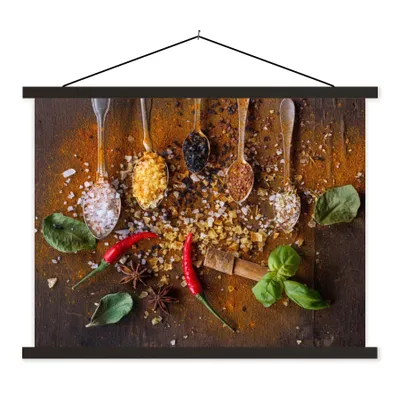Produktbild von MuchoWow® Textilposter Löffel - Kräuter - Chili - Gewürze - Salz 60x45 cm mit schwarzem Rahmen - Poster Schlafzimmer