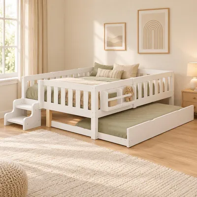 Immagine prodotto di Letto per bambini 140x200 cm con letto estraibile 90x190 cm, sponde di sicurezza, scaletta con due gradini, libreria e rete a doghe, colore bianco
