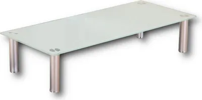 A modern glass coffee table with aluminum legs on a white background.
