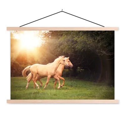 Obrázok produktu pre MuchoWow® Textilný plagát - Kone - Les - Slnko - 60x40cm - S hnedými lamelami