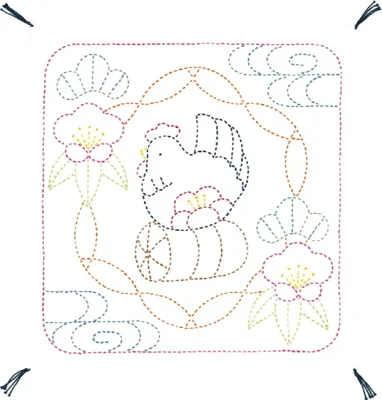 Produktbild von Olympus Sashiko Stickpackung "Hana Fukin Vogel, Pflaumen, Bambus, Kiefern", Stoff bedruckt, 34x34cm, Original aus Japan