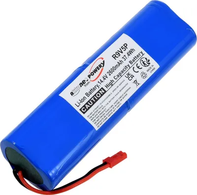 A blue battery pack with a label and a red connector with wires.