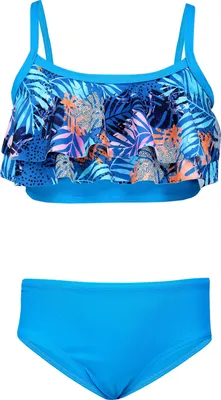 Produktbild von Aquarti Mädchen Bikini Set Bustier Bikinislip Zweiteiliger Badeanzug, Farbe: 030J mit Rüschen / Blätter / Orange / Blau / Dunkelblau, Größe: 164
