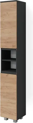 A tall, narrow cabinet with a wood-grain front and a black frame, standing on a white background.