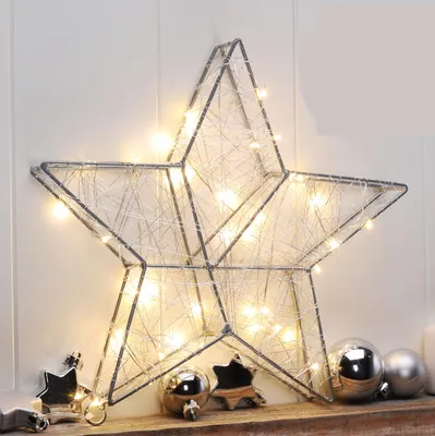 Produktbild von Metall Weihnachtsstern in silber mit Timer - 40 LED / 30 cm - LED Tischdeko Fensterdeko Weihnachten Advent Winter Batterie betrieben