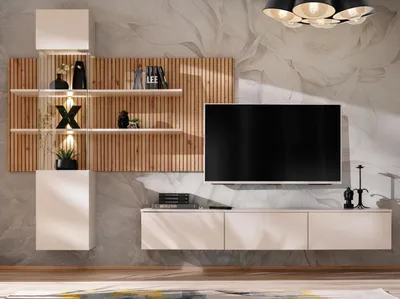 Produktbild von Wohnwand "Laelia" in Sand matt und Artisan Eiche 280 cm Schrankwand inklusive LED Beleuchtung, Push-to-Open