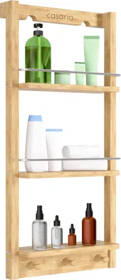 Obrázek produktu pro CASARIA® Závěsná sprchová polička 3 police 3 háčky 70x29x10cm Sprchová polička Závěsná koupelnová polička Bambusová dřevěná závěsná polička do sprchy Koupelnová polička do kuchyně