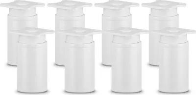 A set of eight white cabinet feet arranged in two rows on a white background.