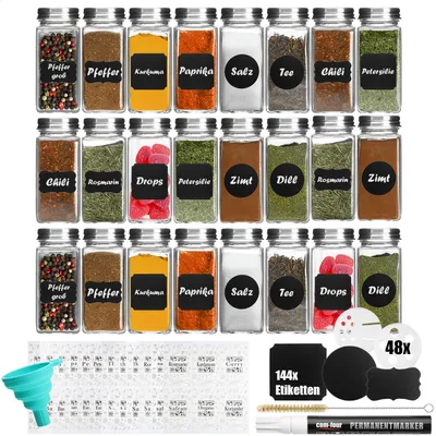 Produktbild von com-four® Gewürzgläser Set [ Eckig - 24x | 120ml ] mit Gewürzetiketten, je 2 Streueinsätze, Stift zum Beschriften der Etiketten | Silikon Trichter, Reinigungsbürste