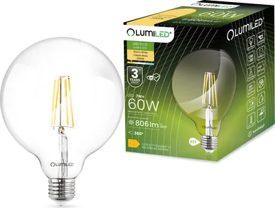 A product image showing a clear glass LED light bulb and its packaging.