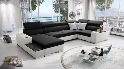 Produktbild von Wohnlandschaft in U-Form PERS IV MINI Ecksofa Eckcouch mit Schlaffunktion (Schwarz SAWANA 14 + weißes Kunstleder, Links)