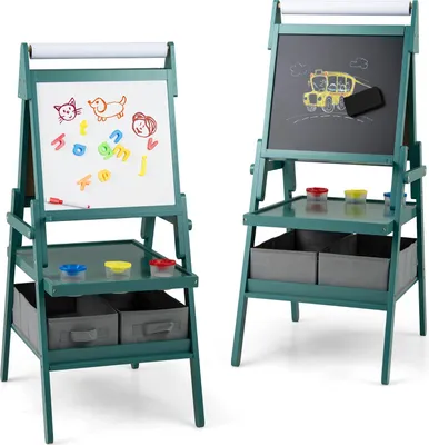 Produktbild von GOPLUS 3 in 1 Kinderstaffelei, multifunktionale Doppelstaffelei mit Whiteboard, Kreidetafel & Papierrolle, stehende Kindertafel mit Regal, Grün