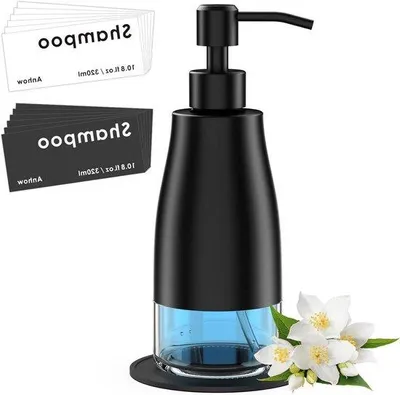 Immagine prodotto di dispenser di sapone in vetro da 300 ml con adesivi impermeabili e cuscinetti in silicone - Nero