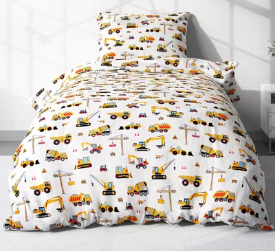 Produktbild von 2 teilige Renforcé Bettwäsche 135x200cm und 80x80cm - Bagger, Baufahrzeuge, Kräne - Kinderbettwäsche aus 100% Baumwolle, Kinder (EW-Bagger-135x200)