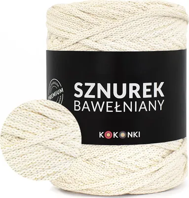 Zdjęcie produktu dla Premium sznurek bawełniany KOKONKI 5mm - krem + złoty lurex, rolka 100m, makrama DIY