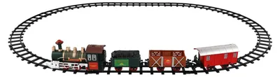 Produktbild von Zug + 3 Waggons mit 8 Schienen, batteriebetrieben, mit Sound und Licht, im Karton (41 x 28 x 6 cm)
