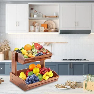 Image de Corbeille à fruits en bois à deux étages pour fruits et légumes