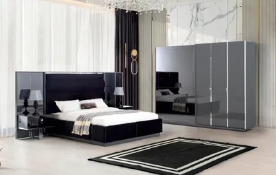 Produktbild von Graues Luxus Schlafzimmer Set Bett Nachttische Kleiderschrank 4tlg